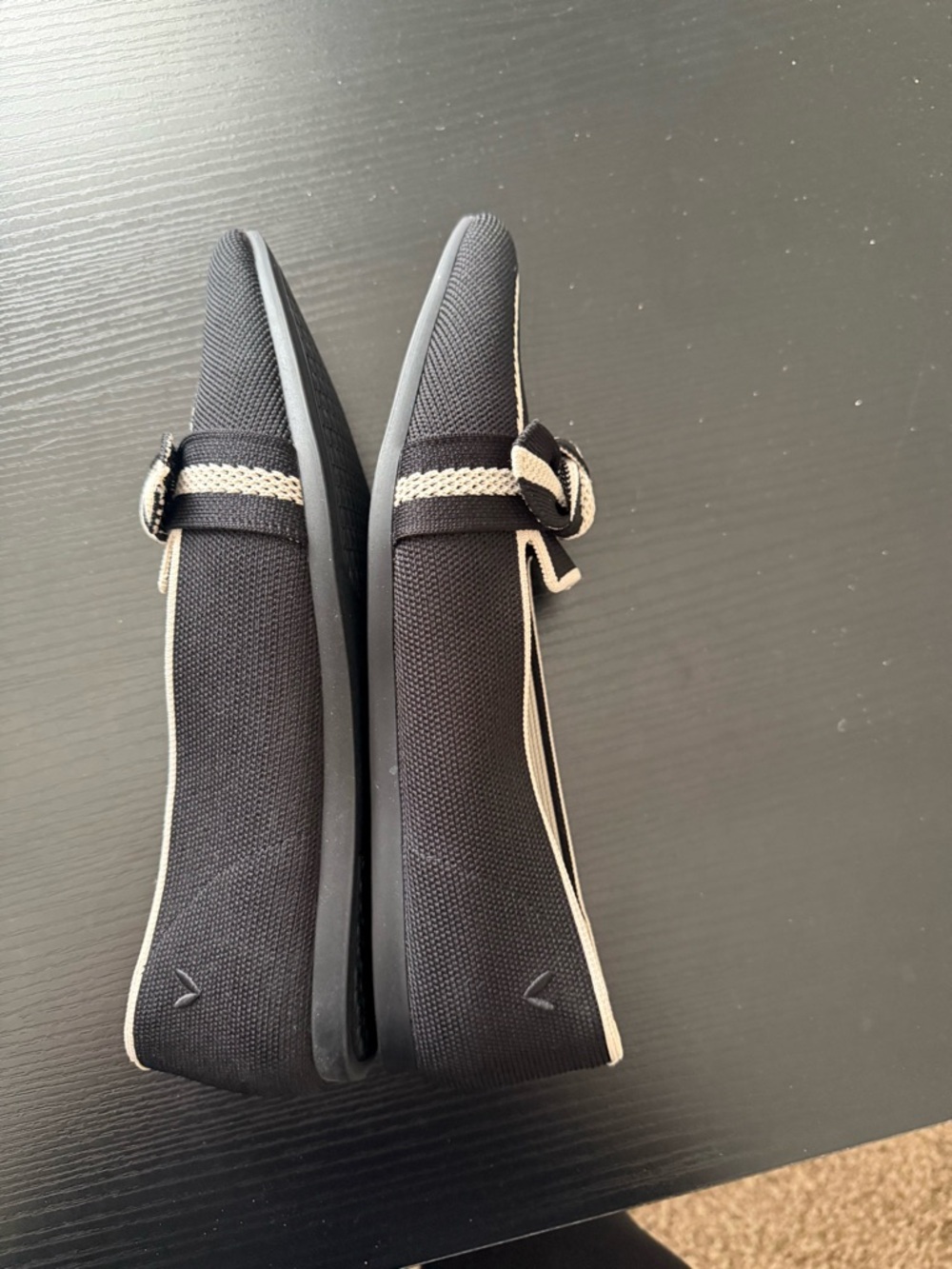 Women's Black Slip-On Bow Flats with Cream Piping